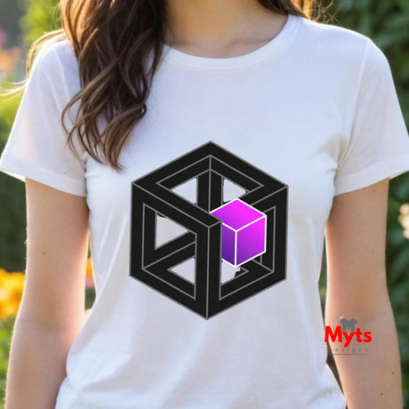 Person wearing a white t-shirt with a black geometric design featuring a purple cube, outdoors.
