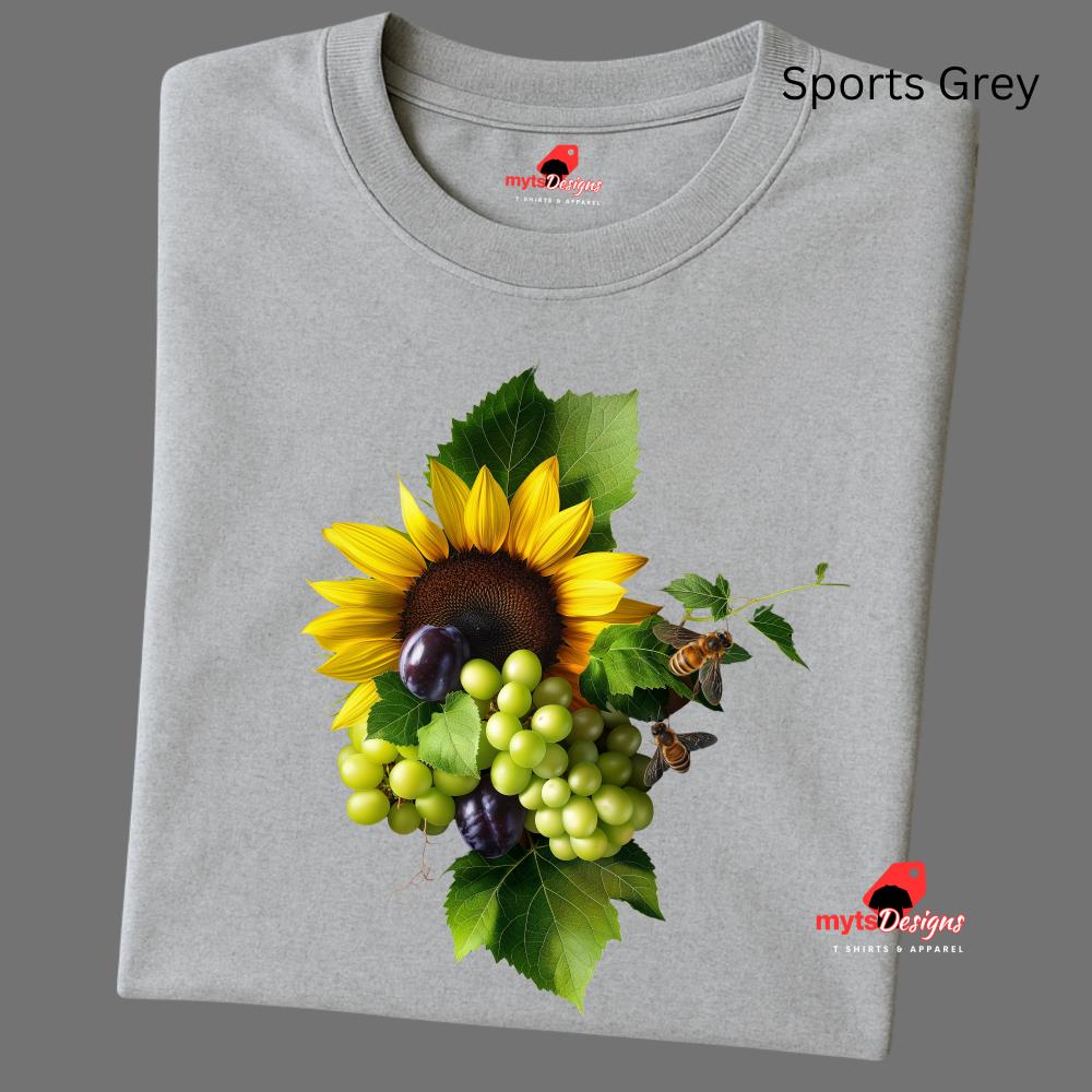 Folded sports grey t-shirt with a sunflower and grapes design on a dark background