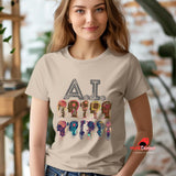 Woman wearing a beige t-shirt with colorful AI-themed design in an indoor setting.