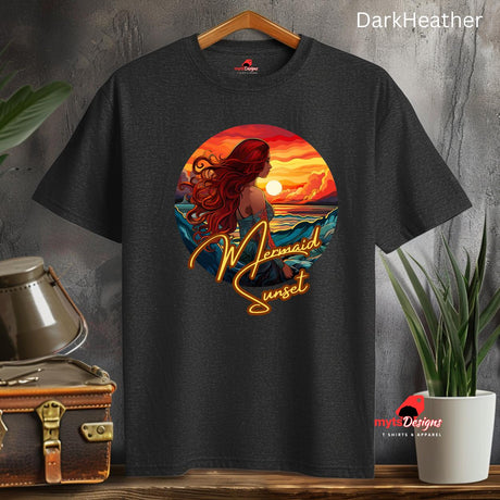 A Dark Heather T-Shirt on a coat hanger with Mermaid Sunset design front view