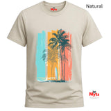 Natural t-shirt with palm tree and surfboard design on a white background