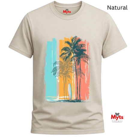Natural t-shirt with palm tree and surfboard design on a white background