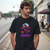 Man wearing a black t-shirt with Halloween-themed design on a city street.