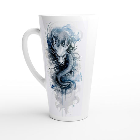 White latte coffee mug featuring a mystical blue and grey watercolour dragon with flowing ink-style details.