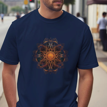 A man wearing a navy blue t-shirt with a geometric design on a city street.