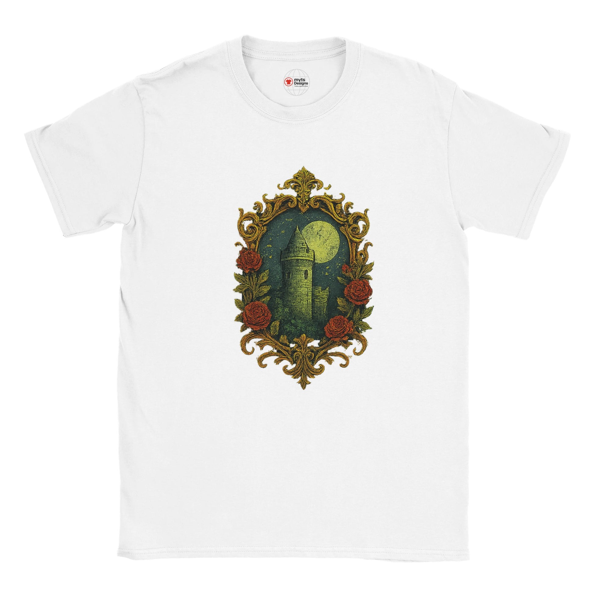 White t-shirt with a decorative design featuring a castle and roses on a white background