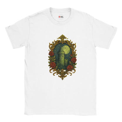 White t-shirt with a decorative design featuring a castle and roses on a white background