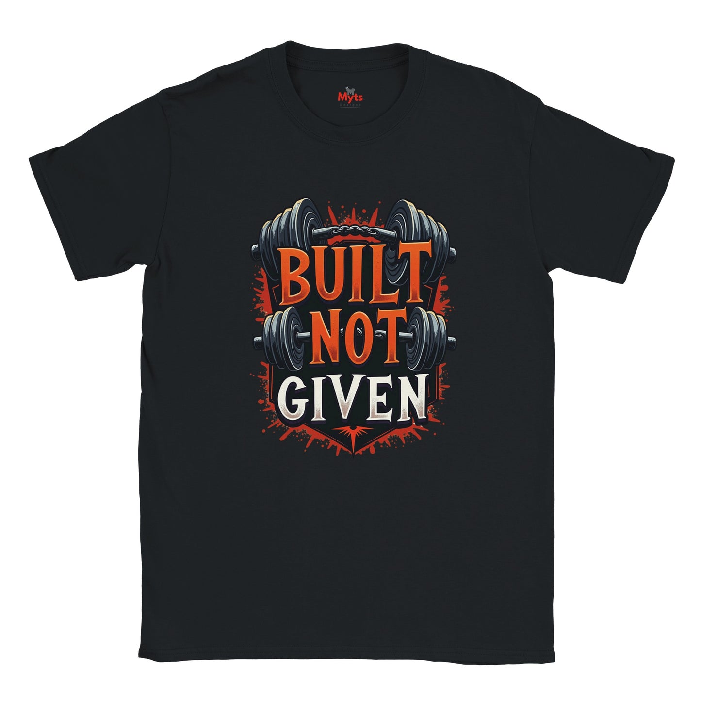 Black t-shirt with a graphic design and text on a white background