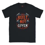 Black t-shirt with a graphic design and text on a white background