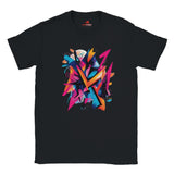 A black unisex t-shirt with a vivid abstract colored graphic design spread across the front.