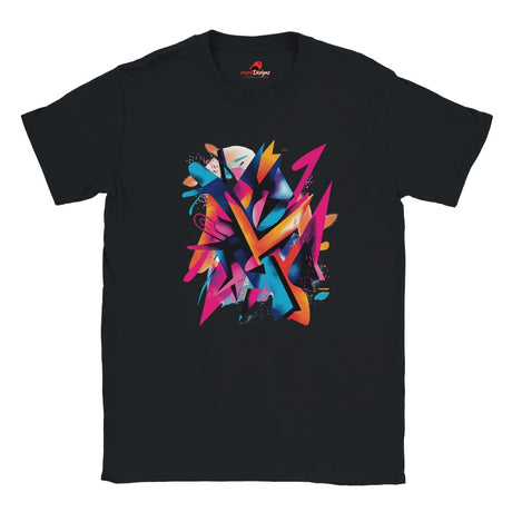 A black unisex t-shirt with a vivid abstract colored graphic design spread across the front.