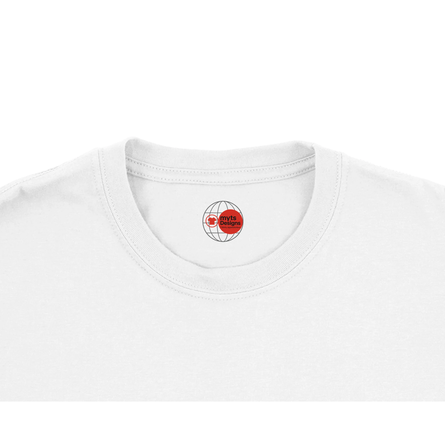 White t-shirt with a red and black logo on the collar against a white background