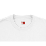 White t-shirt with a red and black logo on the collar against a white background