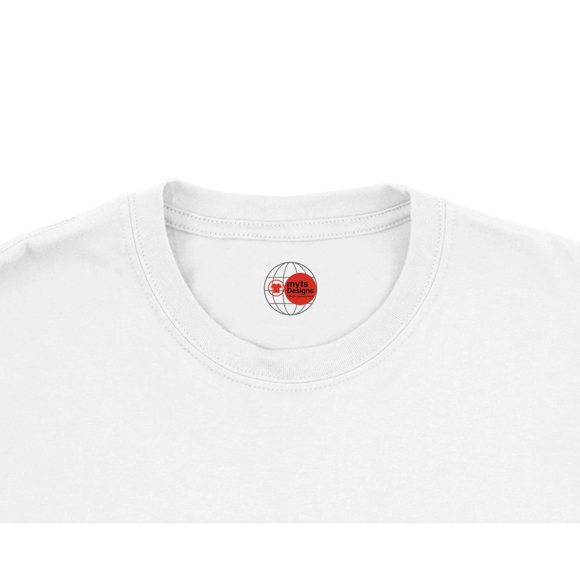 White t-shirt with a red and black logo on the collar against a white background