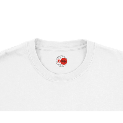 White t-shirt with a red and black logo on the collar against a white background