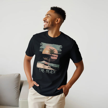 A male model wearing a black "The Beach" T-shirt