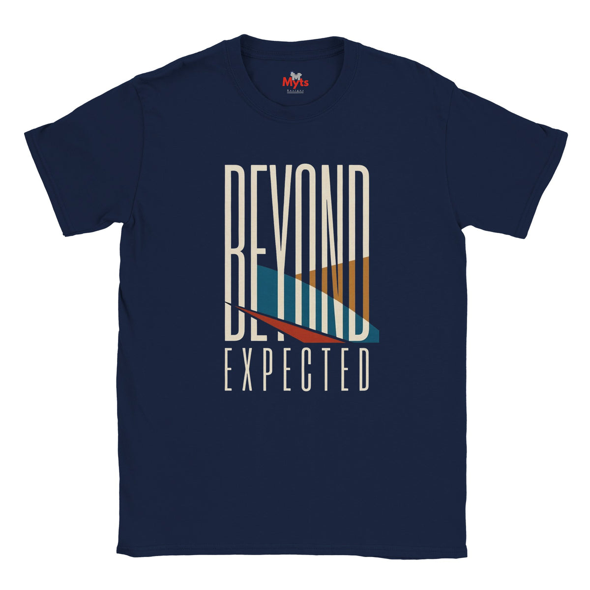 A navy blue short-sleeve t-shirt with a graphic print on the front reading 'BEYOND EXPECTED' in white, featuring a stylized surfboard design in cream, orange, teal, and red.