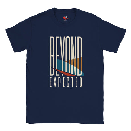 A navy blue short-sleeve t-shirt with a graphic print on the front reading 'BEYOND EXPECTED' in white, featuring a stylized surfboard design in cream, orange, teal, and red.