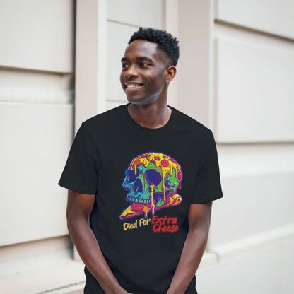 Man wearing a black t-shirt with a colorful skull design and text.
