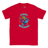 A red t-shirt with a colorful graphic print of a fish wearing sunglasses and the text 'COOL SCHOOL'.