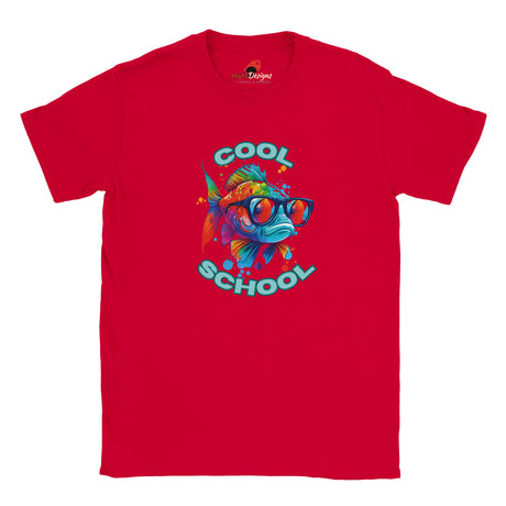 A red t-shirt with a colorful graphic print of a fish wearing sunglasses and the text 'COOL SCHOOL'.