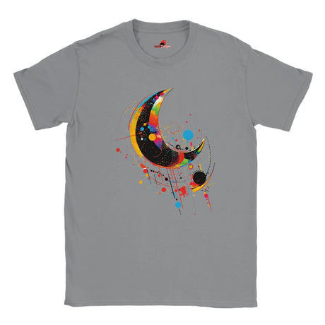 A grey crew-neck t-shirt with a geometric space-inspired print featuring vivid colors and abstract designs.