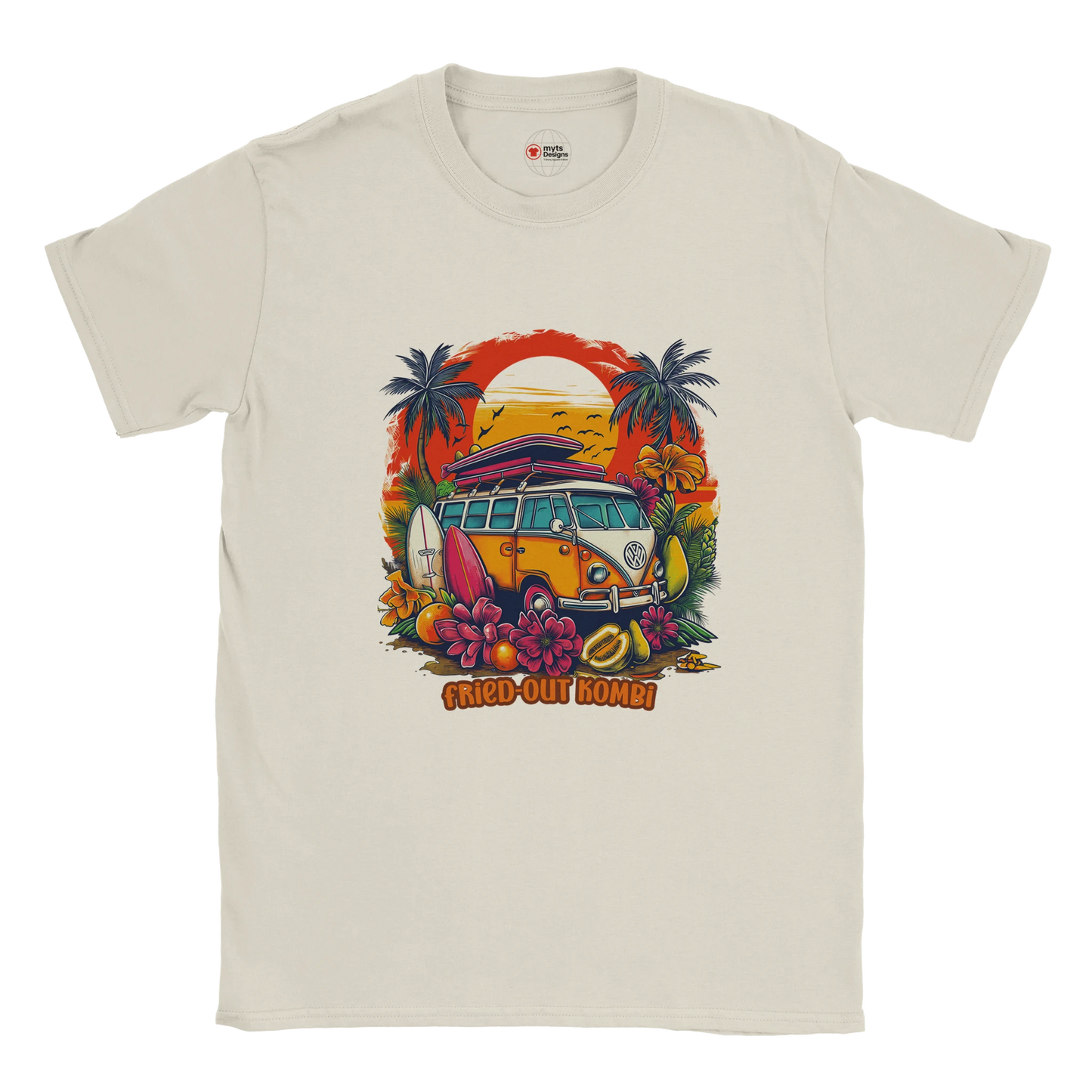 A white T-shirt with a vibrant graphic of a retro yellow Kombi van, surfboards, tropical flowers, palm trees, and a bold orange sunset.
