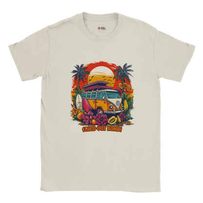 A white T-shirt with a vibrant graphic of a retro yellow Kombi van, surfboards, tropical flowers, palm trees, and a bold orange sunset.
