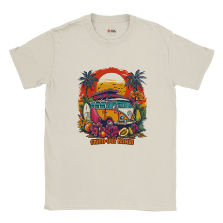 A white T-shirt with a vibrant graphic of a retro yellow Kombi van, surfboards, tropical flowers, palm trees, and a bold orange sunset.
