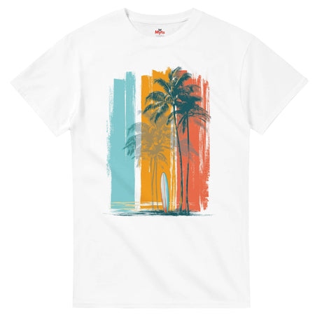 White t-shirt with a colorful palm tree and surfboard design on a white background