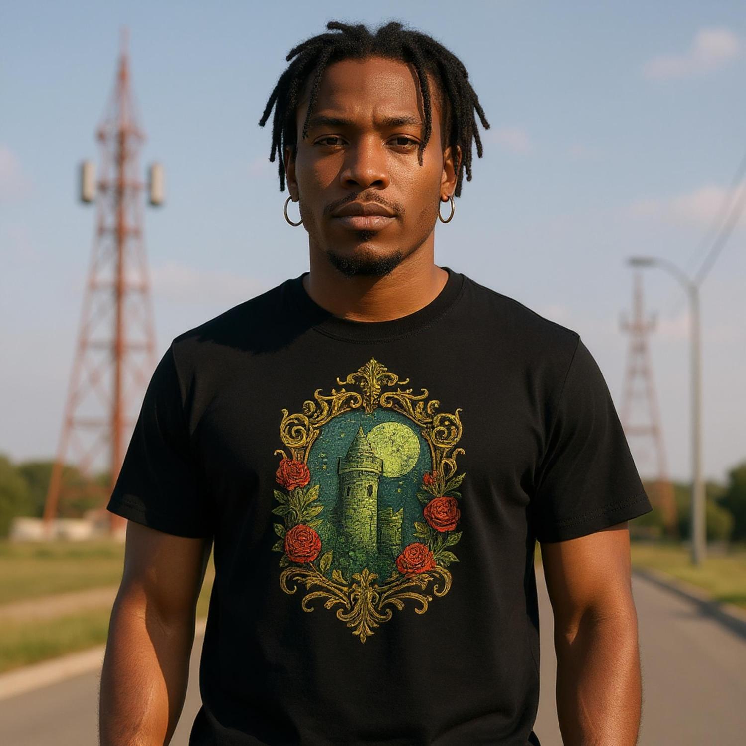 Man wearing a black t-shirt with a decorative design outdoors