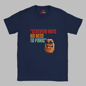 Retro-style casual tee featuring bold vintage script reading “Certified Nuts, No Need to Panic” in distressed lettering, printed on a navy ultra-soft Gildan 64000 cotton.

