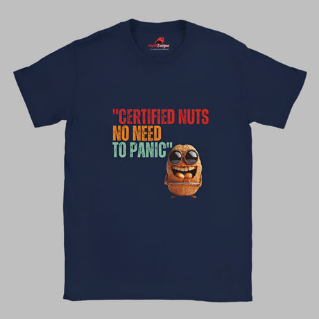 Retro-style casual tee featuring bold vintage script reading “Certified Nuts, No Need to Panic” in distressed lettering, printed on a navy ultra-soft Gildan 64000 cotton.

