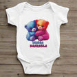 "Hugga Bearable baby onesie with colorful cute bears pattern on white cotton bodysuit" 