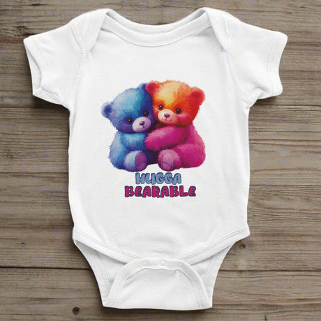 "Hugga Bearable baby onesie with colorful cute bears pattern on white cotton bodysuit" 