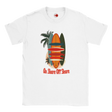 White t-shirt with a colorful surfboard and palm tree design on a white background