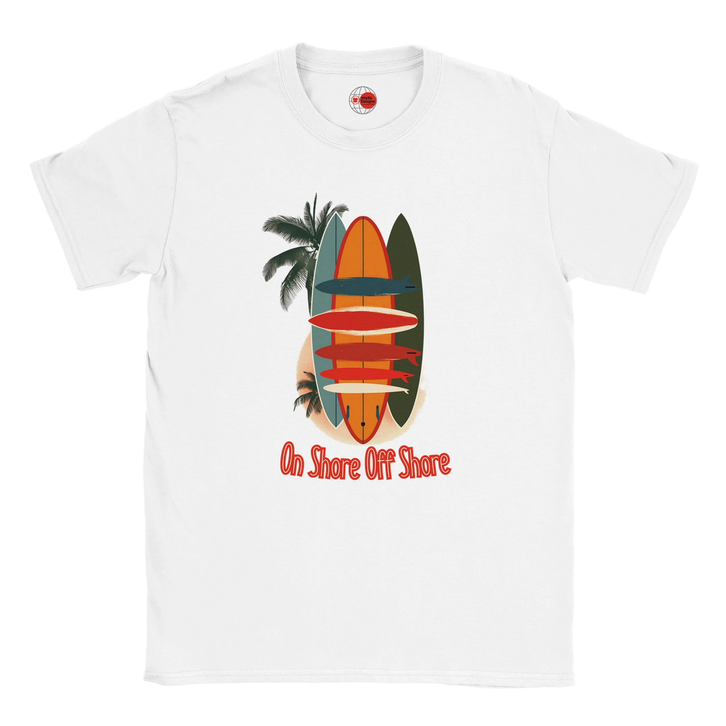 White t-shirt with a colorful surfboard and palm tree design on a white background