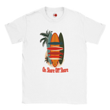 White t-shirt with a colorful surfboard and palm tree design on a white background