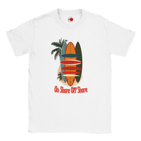 White t-shirt with a colorful surfboard and palm tree design on a white background