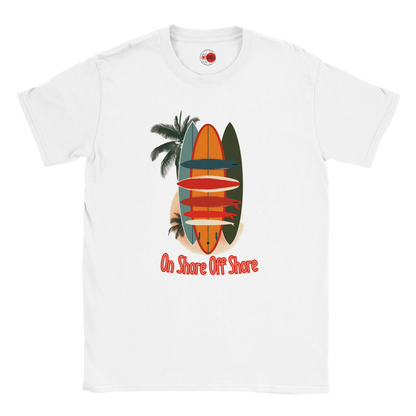 White t-shirt with a colorful surfboard and palm tree design on a white background