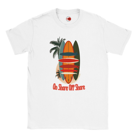 White t-shirt with a colorful surfboard and palm tree design on a white background