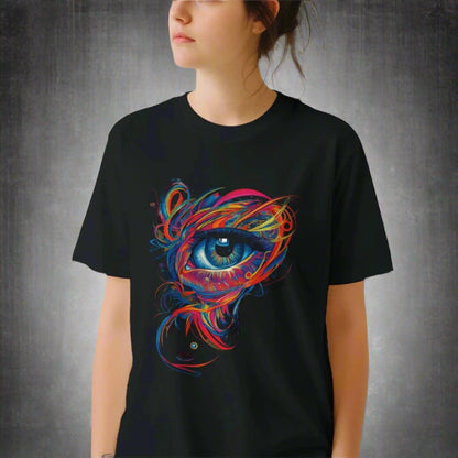 Front view of a young woman wearing a  black T-shirt featuring mystical all-seeing eye with geometric sacred patterns – printed on soft Gildan cotton