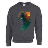 A dark gray crewneck sweatshirt featuring a colorful graphic of a wolf with teal, green, and orange fur in profile, set against a full moon and the words 'NEXT EVOLUTION'. The Gildan brand tag is visible inside the collar.