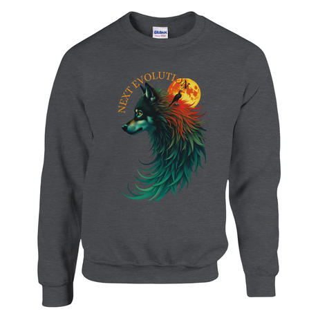 A dark gray crewneck sweatshirt featuring a colorful graphic of a wolf with teal, green, and orange fur in profile, set against a full moon and the words 'NEXT EVOLUTION'. The Gildan brand tag is visible inside the collar.