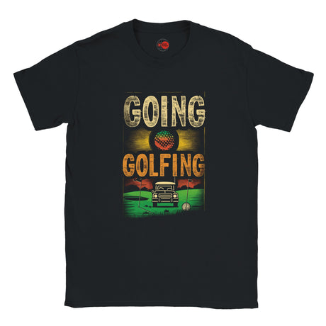 Black t-shirt with 'Going Golfing' graphic design on a white background