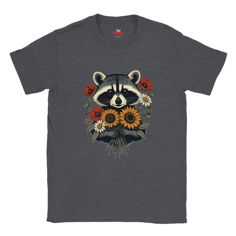 A dark heather gray t-shirt featuring a graphic print of a raccoon surrounded by sunflowers, daisies, and red poppies, displayed on a solid white background.