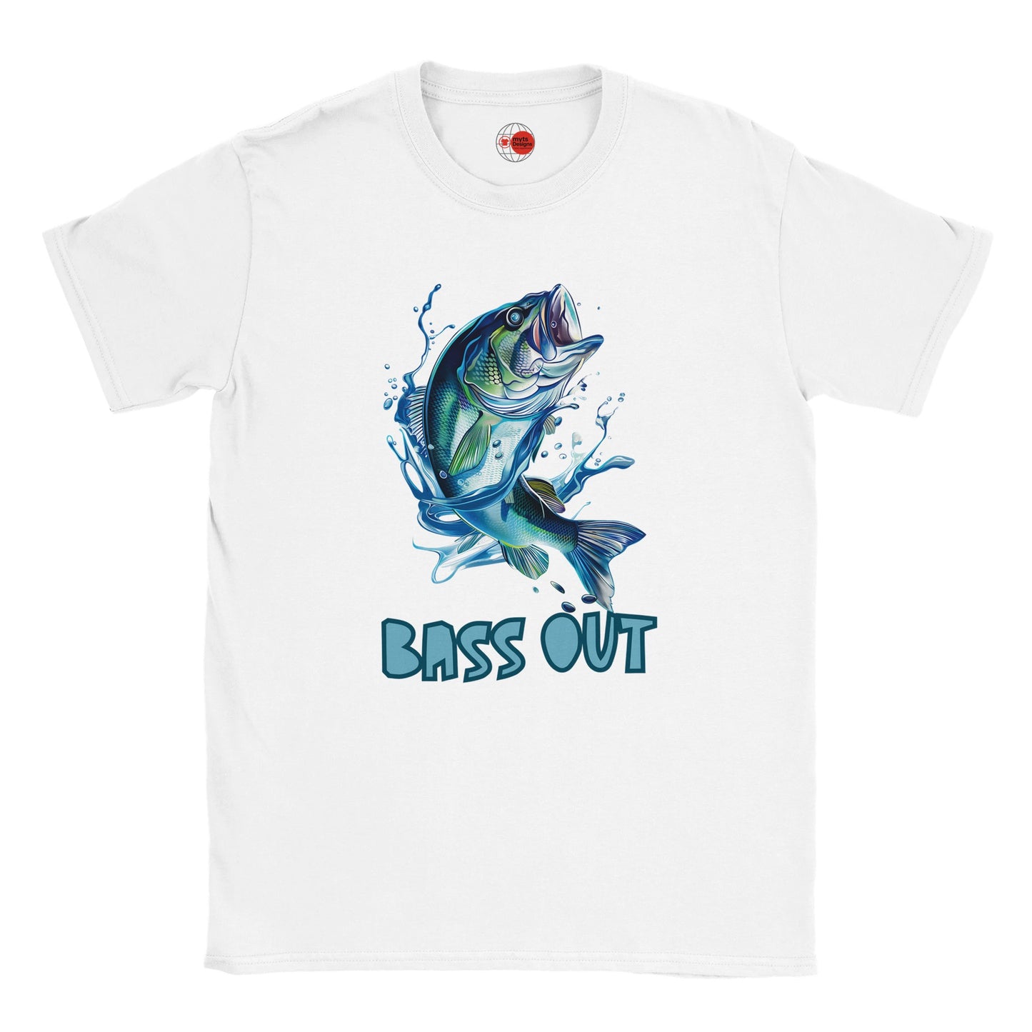 White t-shirt with a bass fish graphic and 'BASS OUT' text on a white background
