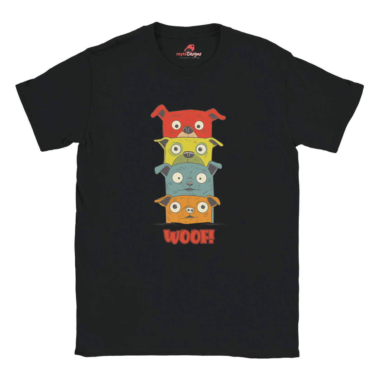 Stacked cartoon puppies black t-shirt