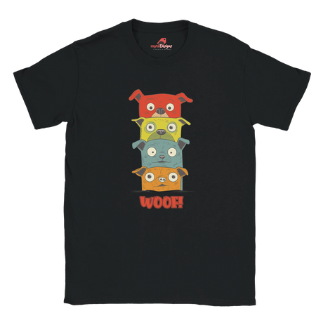 Stacked cartoon puppies black t-shirt