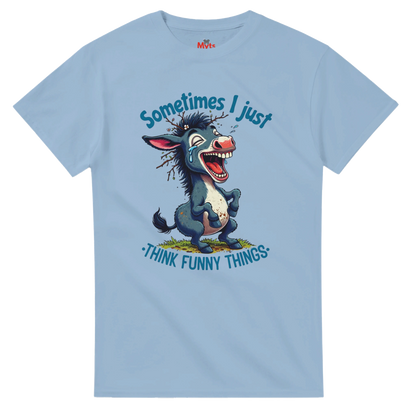 Light blue t-shirt with cartoon donkey and text on a white background